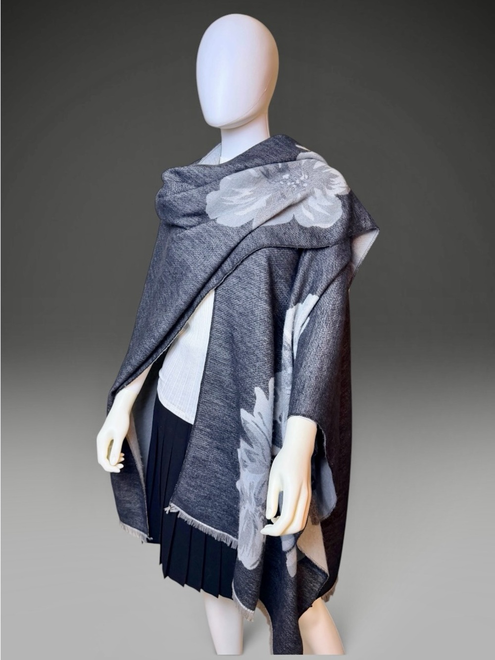 Light/ Dark Grey Floral Wrap Shawl with Fringe - One Size